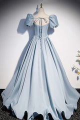 Bridesmaid Dress Long, Light Blue Satin Long Prom Dress,A-Line Short Sleeve Evening Dresses