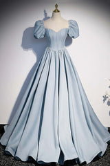 Bridesmaid Dress Color Scheme, Light Blue Satin Long Prom Dress,A-Line Short Sleeve Evening Dresses