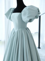 Wedding Dress Prices, Light Blue Satin Open Back Lopng Prom Dress, Blue A-line Wedding Party Dress