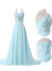 Prom Dresses Long, Light Blue Straps Chiffon Beaded Long Formal Dress, Charming Party Gowns