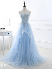 Prom 2032, Light Blue Sweetheart Evening dress, Long Tulle Prom Dress