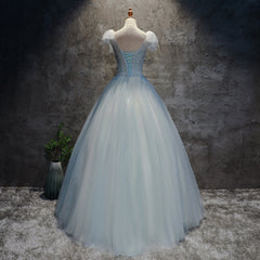 Prom Dresses Online, Light Blue Tulle Long Party Dress Formal Dress, Blue Tulle Formal Dress with Flowers