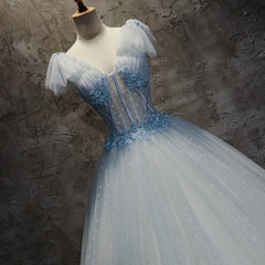 Prom Dresses For Teens, Light Blue Tulle Long Party Dress Formal Dress, Blue Tulle Formal Dress with Flowers