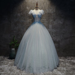 Prom Dresses 2030, Light Blue Tulle Long Party Dress Formal Dress, Blue Tulle Formal Dress with Flowers