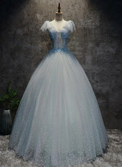 Prom Dress Sale, Light Blue Tulle Long Party Dress Formal Dress, Blue Tulle Formal Dress with Flowers