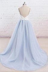 Prom Dress Shorts, Light Blue Tulle Simple Spaghetti Straps Sweep Train Backless Prom Dress