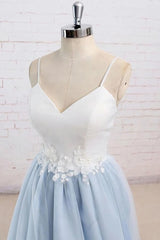 Prom Dressed Short, Light Blue Tulle Simple Spaghetti Straps Sweep Train Backless Prom Dress