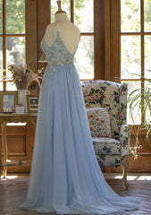 Party Dress Jeans, Light Blue Tulle V-neckline Straps with Lace Long Party Dress, Blue A-line Prom Dress