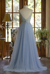 Black Dress Classy, Light Blue Tulle V-neckline Straps with Lace Long Party Dress, Blue A-line Prom Dress