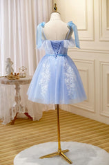 Evening Dress Simple, Light Blue Tulle with Lace Knee Length Party Dress, Blue Homecoming Dresses