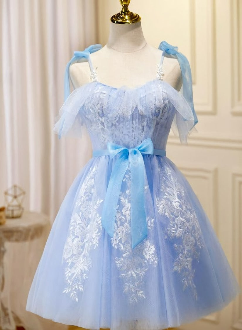 Evening Dresses Unique, Light Blue Tulle with Lace Knee Length Party Dress, Blue Homecoming Dresses