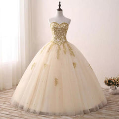 Homecoming Dresses 2024, Light Champagne Ball Gown Party Dress, Sweet 16 dress with Gold Applique