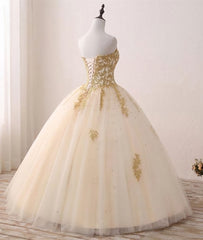 Homecoming Dresses Short Prom, Light Champagne Ball Gown Party Dress, Sweet 16 dress with Gold Applique