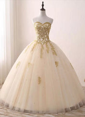 Homecoming Dresses Tight, Light Champagne Ball Gown Party Dress, Sweet 16 dress with Gold Applique