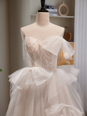 Homecoming Dress Pretty, Light Champagne Tulle Beading Long Prom Dress, Light Champagne Formal Dress