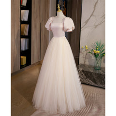 Homecome Dresses Short Prom, Light Champagne Tulle with Light Pink Satin Prom Dress, A-line Long Formal Dress
