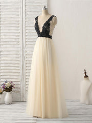 Formall Dresses Short, Light Champagne V Neck Beads Tulle Long Prom Dress, Champagne Formal Dress