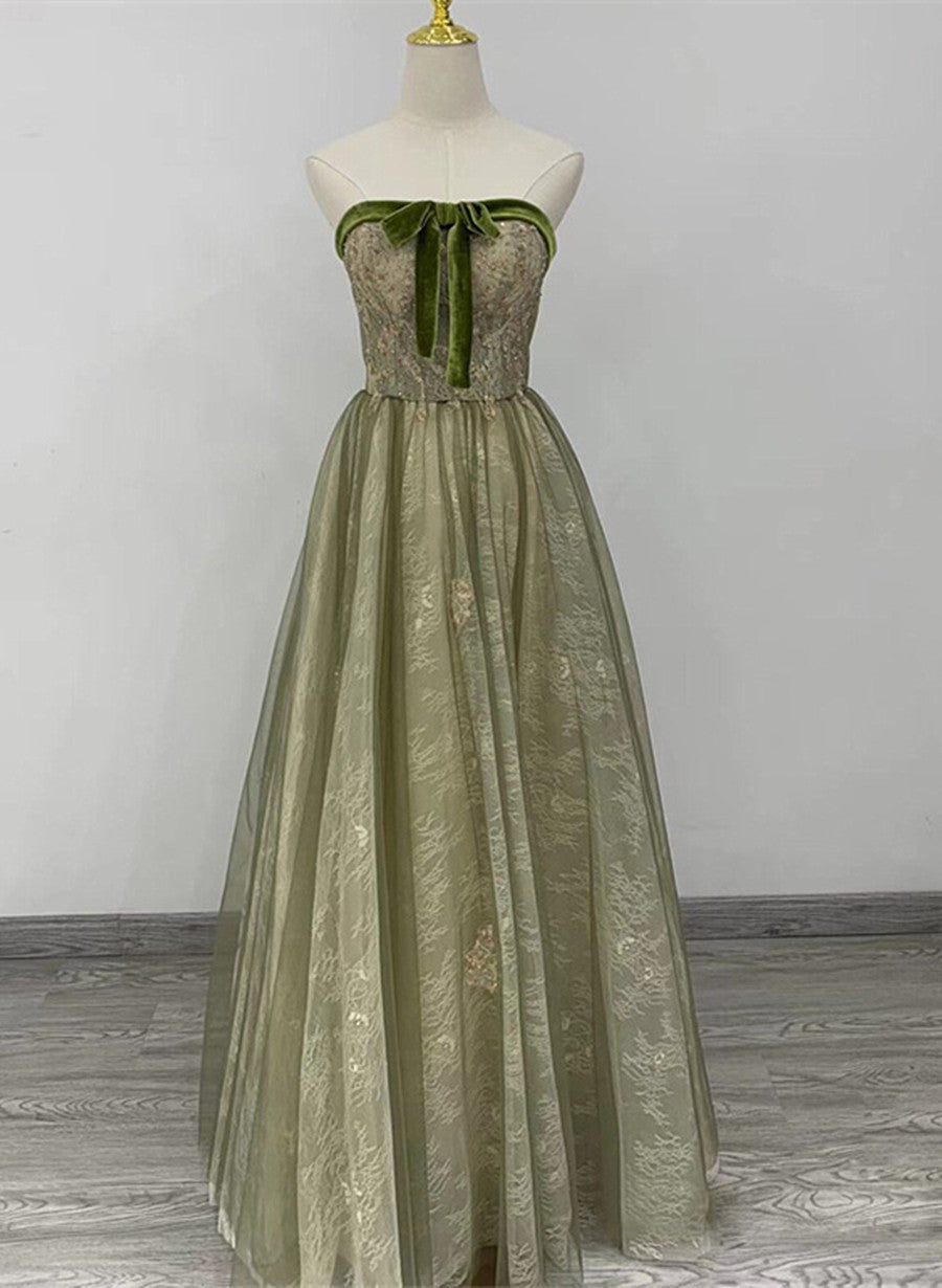 Party Dresses Shop, Light Green A-line Sweetheart Long Formal Dress, Green Lace Prom Dress
