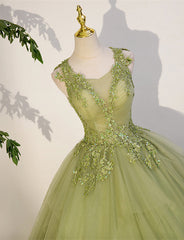 Party Dress Shopping, Light Green A-line Tulle with Lace Applique Prom Dress, Green Formal Dress