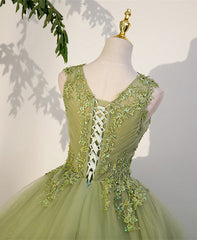 Party Dress Shop, Light Green A-line Tulle with Lace Applique Prom Dress, Green Formal Dress