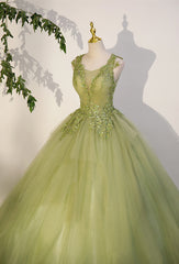 Party Dress Shops, Light Green A-line Tulle with Lace Applique Prom Dress, Green Formal Dress