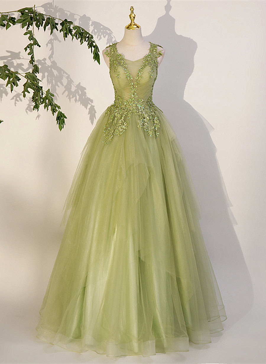 Party Dresses Outfits, Light Green A-line Tulle with Lace Applique Prom Dress, Green Formal Dress