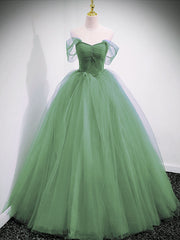Prom Dresse 2030, Light Green Off Shoulder Princess Long Party Dress, Green Sweet 16 Gown