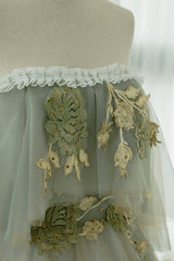 Bridesmaid Dresses Website, Light Green Off Shoulder Tulle with Lace Long Prom Dress, A-line Green Party Dress