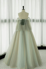Bridesmaid Dress Websites, Light Green Off Shoulder Tulle with Lace Long Prom Dress, A-line Green Party Dress