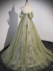 Party Dress Sleeves, Light Green Sweetheart Tulle Beaded Party Dress, Green Long Prom Dress