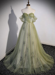 Party Dresses Mini, Light Green Sweetheart Tulle Beaded Party Dress, Green Long Prom Dress
