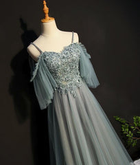 Party Dress Shiny, Light Green Tulle A-line Off Shoulder Party Dress, Long Prom Dress