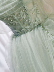 Party Dress Stores, Light Green Tulle Beaded Sweetheart Long Prom Dress, A-line Green Formal Dress