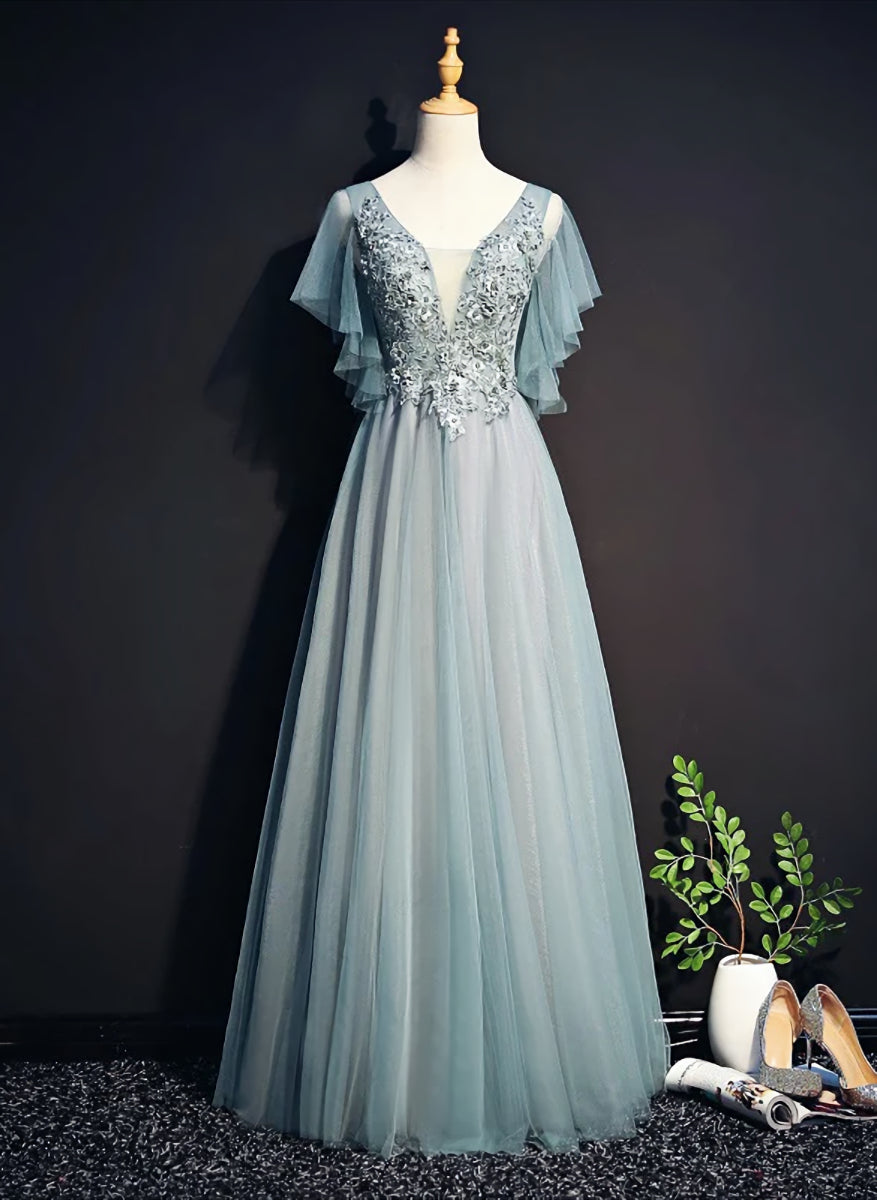 Prom Dresses Nearby, Light Green Tulle Long Party Dress, Green Lace Low Back Prom Dress Evening Dress