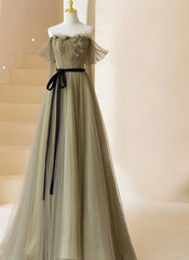 Formal Dress Fall, Light Green Tulle Off Shoulder with Flowers A-line Prom Dress, Green Evening Gowns