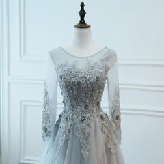 Indian Wedding Dress, Light Grey Tulle Long Sleeves A-line Prom Dress, Grey Party Dress Formal Dress