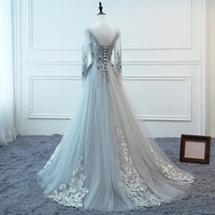 Fashion Dress, Light Grey Tulle Long Sleeves A-line Prom Dress, Grey Party Dress Formal Dress