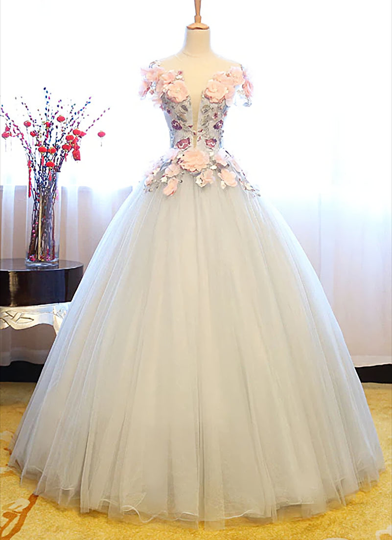 Evening Dress Style, Light Grey Tulle Party Dress, Grey Sweet 16 Flowers Gown