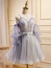 Satin Dress, Light Purple A-Line Tulle Lace Short Prom Dresses, Light Purple Homecoming Dresses
