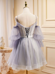 Wedding Guest Outfit, Light Purple A-Line Tulle Lace Short Prom Dresses, Light Purple Homecoming Dresses