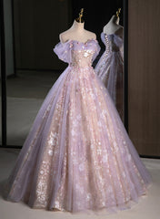 Bridesmaid Dress Colors, Light Purple A-line Tulle with Floral Long Prom Dress, Light Purple Evening Dress Party Dress