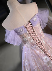 Bridesmaid Dress Ideas, Light Purple A-line Tulle with Floral Long Prom Dress, Light Purple Evening Dress Party Dress