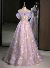 Bridesmaid Dresses Elegant, Light Purple A-line Tulle with Floral Long Prom Dress, Light Purple Evening Dress Party Dress