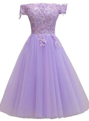 Dinner Outfit, Light Purple Lace And Tulle Off The Shoulder Homecoming Dress