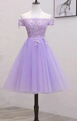 Party Dress Short Tight, Light Purple Lace And Tulle Off The Shoulder Homecoming Dress