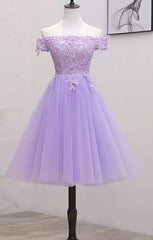 Party Dresses With Sleeves, Light Purple Lace And Tulle Off The Shoulder Homecoming Dress, Short Party Dress