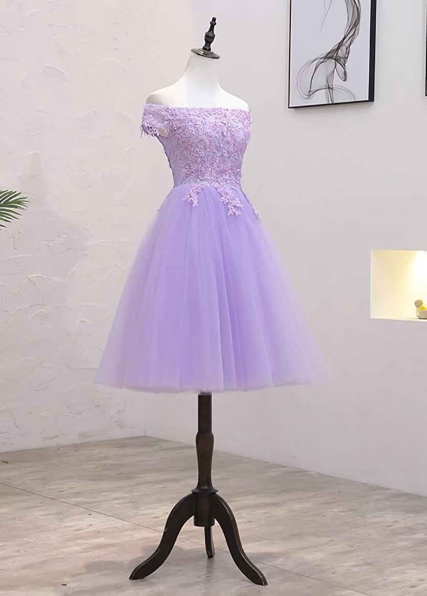 Party Dress Jumpsuit, Light Purple Lace And Tulle Off The Shoulder Homecoming Dress