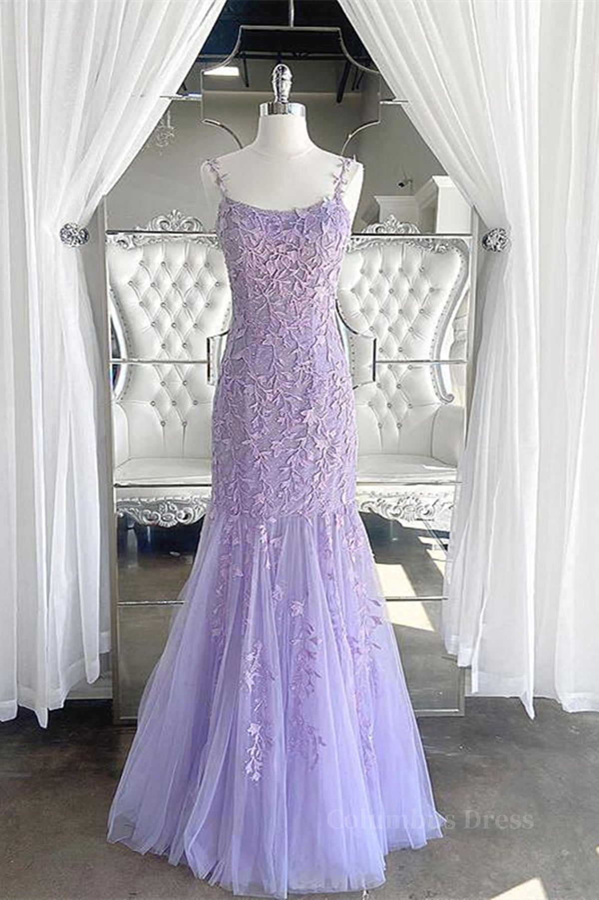 Formal Dresses For Black Tie Wedding, Light Purple Lace Mermaid Prom Dresses, Purple Lace Mermaid Formal Evening Dresses