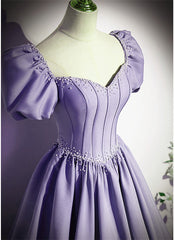 Party Dresses Short Clubwear, Light Purple Satin Short Sleeves Beaded Party Dress, A-line Long Prom Dress