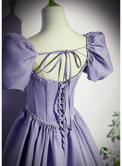 Party Dress Short Clubwear, Light Purple Satin Short Sleeves Beaded Party Dress, A-line Long Prom Dress